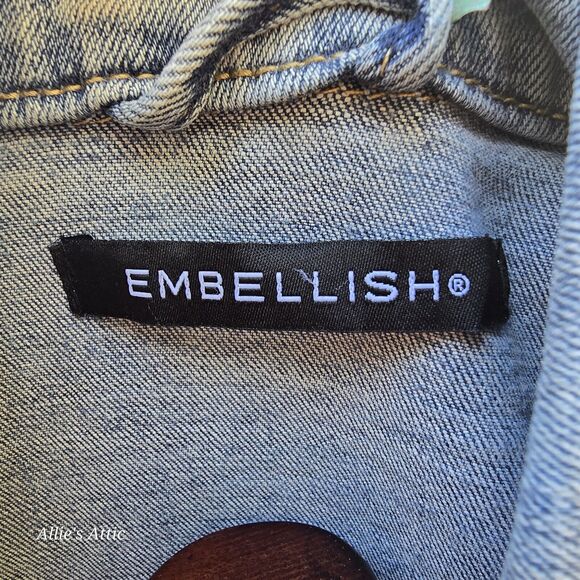 Embellish Soft Stretchy Colorful Blue Distressed Stud Denim Jean Jacket Wmns L - Picture 8 of 11